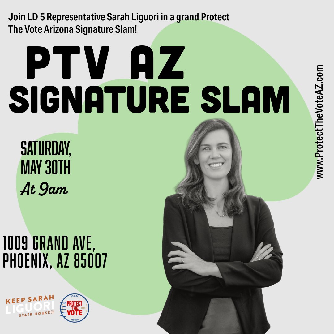 PTV_Arizona's tweet photo. Come join us for a Protect the Vote AZ Signature Slam! Joining will be:
👉 SOS, Adrian Fontes 
👉 LD5 Representative Sarah Liguori 
👉 LD5 Senate Candidate Christine Marsh  

Visit https://t.co/1oELWzcc2V for more info! https://t.co/3hTWXfLhjI
