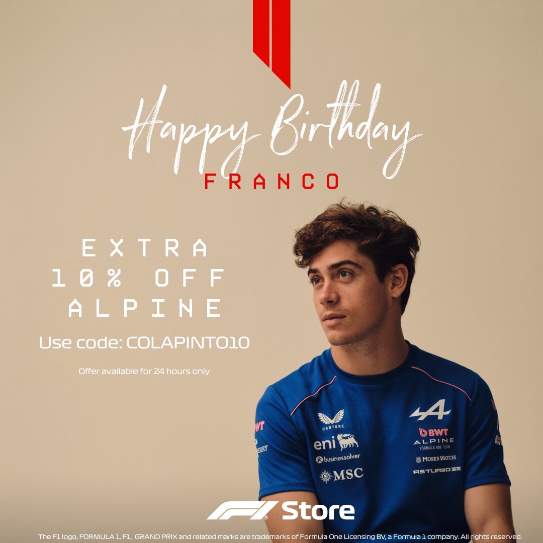 F1's tweet photo. On Franco's birthday, a present for everyone 🎂

Enjoy 10% off all Alpine merch using code COLAPINTO10 at checkout in the F1 Store!

#F1