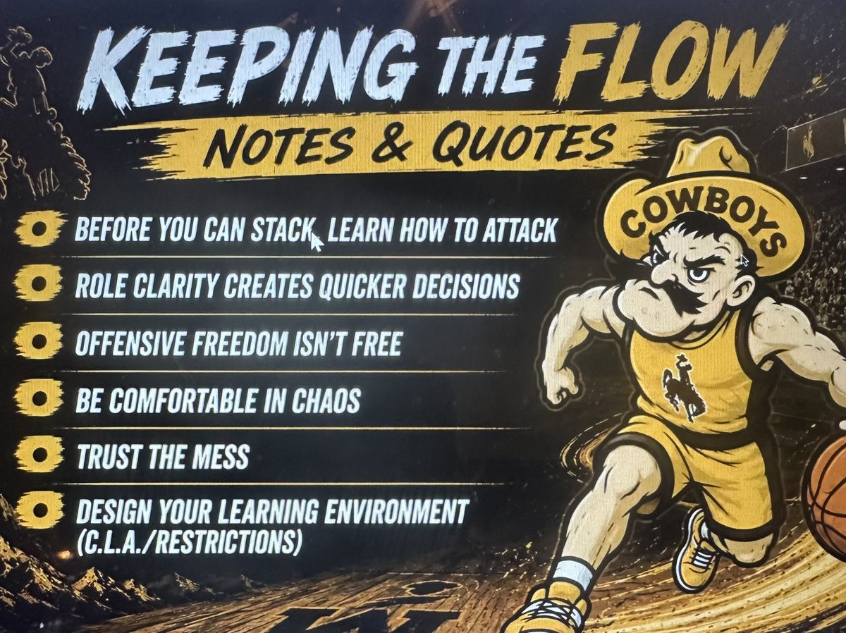 CoachAJohnson's tweet photo. “Going from now to next action”

“Offensive freedom isn’t free”

“Be comfortable in chaos”

Awesome ideas from @wyo_mbb Head Coach @CoachSundance 
in @BBallImmersion Conceptual Offensive Coaches Clinic. https://t.co/8l9gNrtPzZ