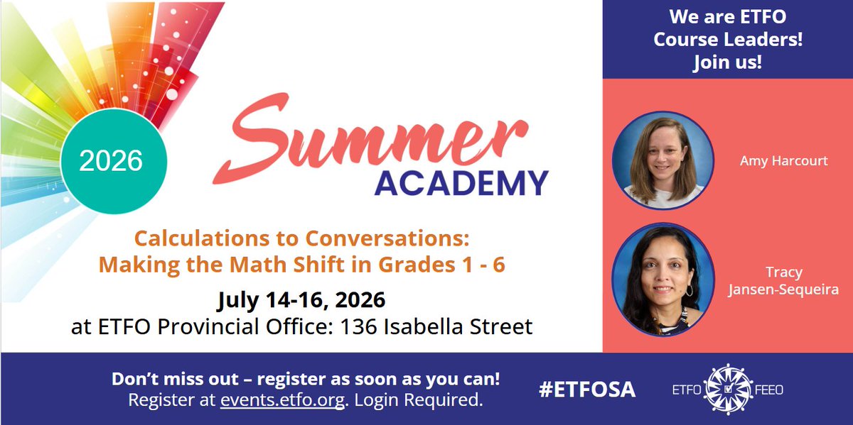 tjanseq11's tweet photo. Join us and other amazing presenters this July for some exciting learning opportunities through ETFO's Summer Academy. Amy &amp; I are excited to facilitate Calculations to Conversations: Making the Math Shift in Grades 1-6! #ETFOSA https://t.co/GhWHByfERc