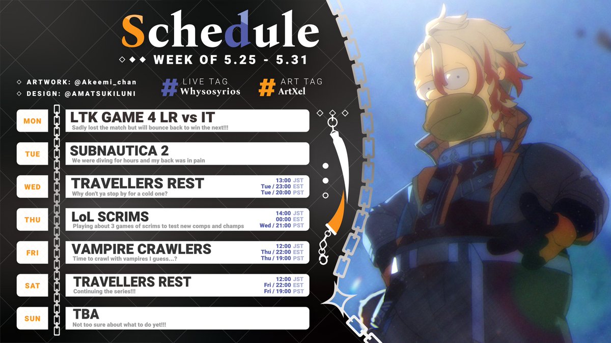 axelsyrios's tweet photo. ⛓️SCHEDULE UPDATE⛓️

- WEEK OF 5.25 - 5.31 - https://t.co/yKyLyRGrdA