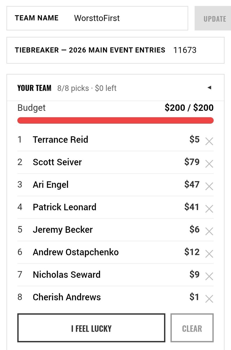 TerryDombkowski's tweet photo. Here's my 2026 WSOP @pokerorg Fantasy Team. GL to all this summer! 🔥💪 https://t.co/9Vv10S8znI