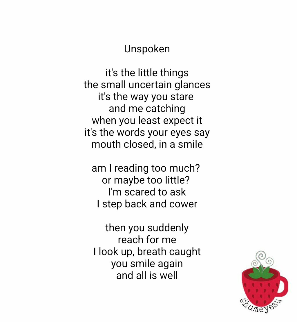 humeyesu's tweet photo. Unspoken
#poem #poemsporn #poetry #poetrycommunity #writingcommunity #poetsofinstagram #read #wordporn #writing #creativewriting #bleedink #poemoftheday #poetryislife #poets #poemjungle #humeyesu https://t.co/0xLytaR1AL