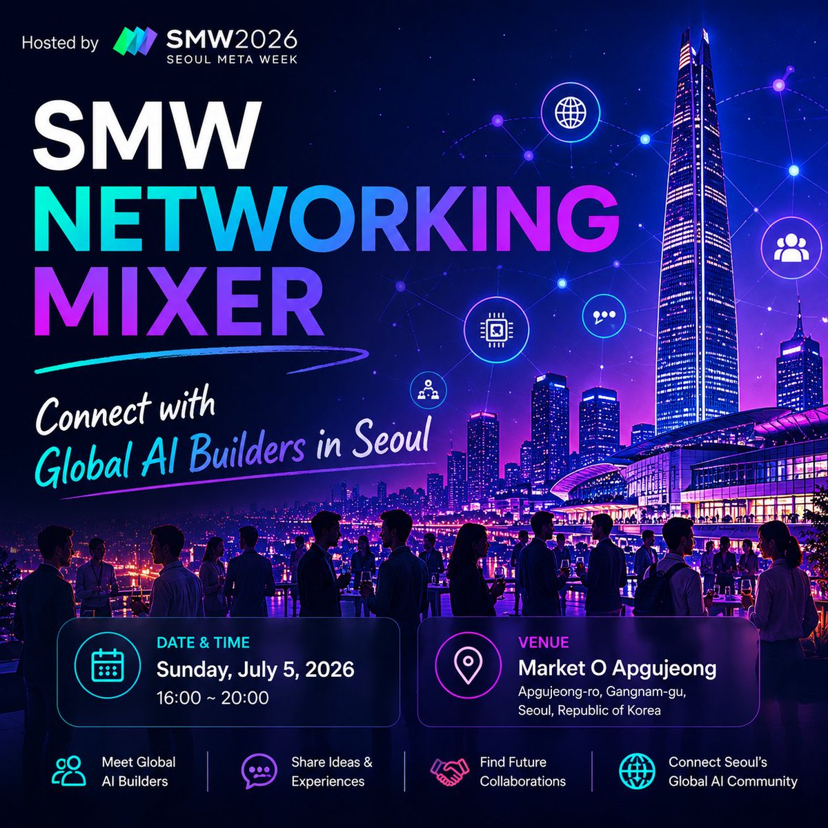 SeoulMetaWeek's tweet photo. AI builders are coming to Seoul this July.

During ICML week, we’re bringing together founders, researchers, engineers, and creators for an evening of networking in Gangnam.

No panels. No pitches.
Just builders, conversations, and Seoul.

📍 Market O Apgujeong, Seoul
📅 July 5 · 4PM–8PM

RSVP: https://t.co/sHtbwgaM1k

#ICML #AI #Startup #MachineLearning #Seoul