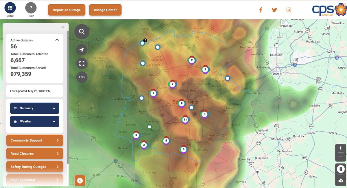 cpsenergy's tweet photo. OUTAGE UPDATE (10:14 PM): The @NWSSanAntonio has issued a Flash Flood Warning including San Antonio TX, Universal City TX and  Converse TX until 1:15 AM CDT.  

Currently, 56 weather-related outages are affecting approximately 6,667 customers.  The largest outages are in the 78230, 78231, and 78208 zip codes. 

Safety is a priority for us, and we ask our community for patience with our crews and their work. Delays in restoration are possible due to weather and road conditions.  

Please continue to follow us for the latest updates.  As a safety reminder: 

🛑Remember to #MoveOver or #SlowDown if you see our crews out on the road

 ⚠️Do not go near or drive over downed power lines. Report to 210-353-HELP (4357)

🚨Report or view outages at https://t.co/t4pdULS5q1