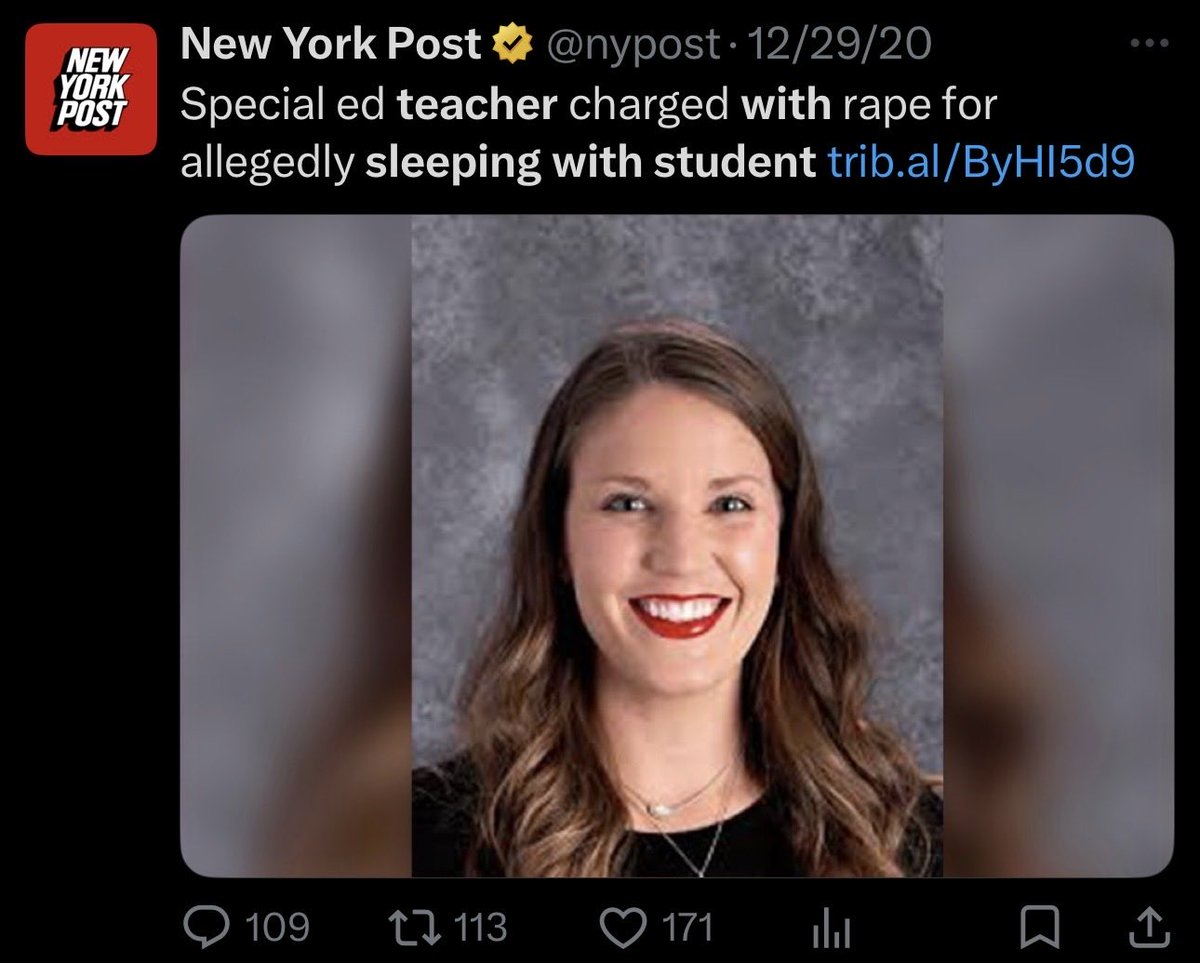 iamSamrina's tweet photo. There’s a new epidemic of white female teachers raping their underage students. Wtf is going on? https://t.co/pneduxx53i