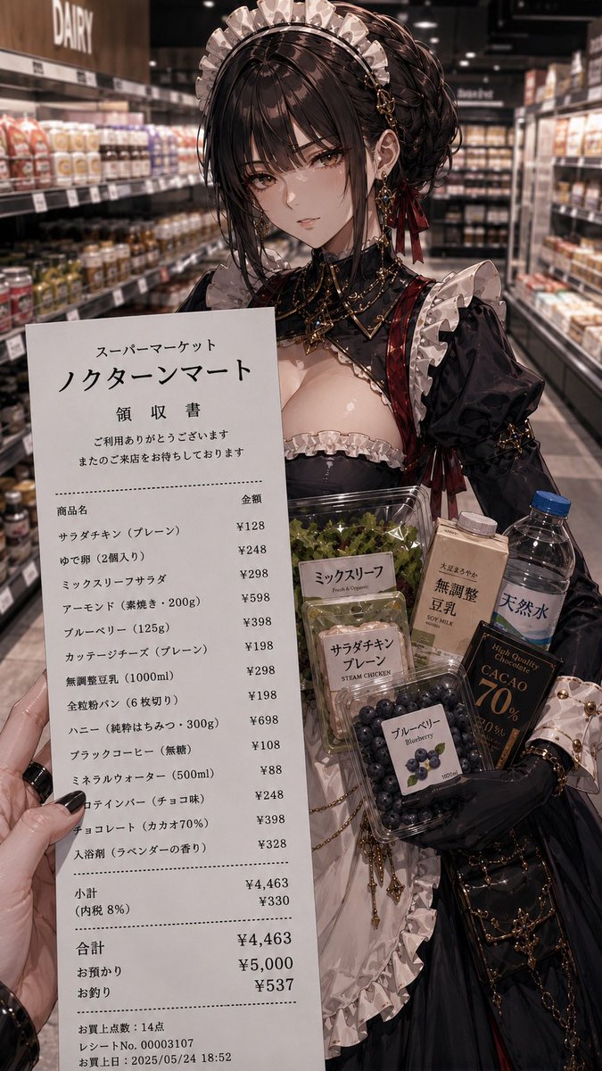 1zcpeb's tweet photo. キャラクターが購入した物のレシート
レシートって個人の生活を覗き見る一部だよね
あとでnoteでプロンプト公開するわ https://t.co/o8Tq3oPVN2