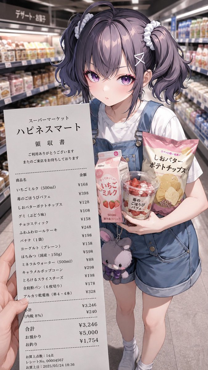 1zcpeb's tweet photo. キャラクターが購入した物のレシート
レシートって個人の生活を覗き見る一部だよね
あとでnoteでプロンプト公開するわ https://t.co/o8Tq3oPVN2