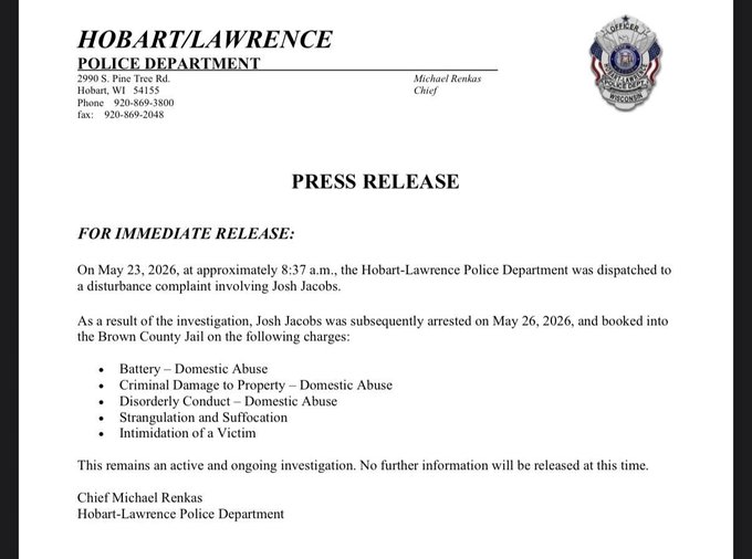 klrnco's tweet photo. BREAKING: NFL player Josh Jacobs arrested on multiple domestic violence-related charges, including battery and strangulation. https://t.co/LrDsGsqmen