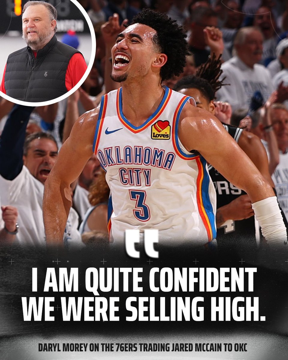 DKSports's tweet photo. Jared McCain in his first ever playoff start for the Thunder:

- 33 MIN
- 20 PTS
- 3 REB
- 3 3PM

Sold high 😅 https://t.co/zVSi1rr0ai