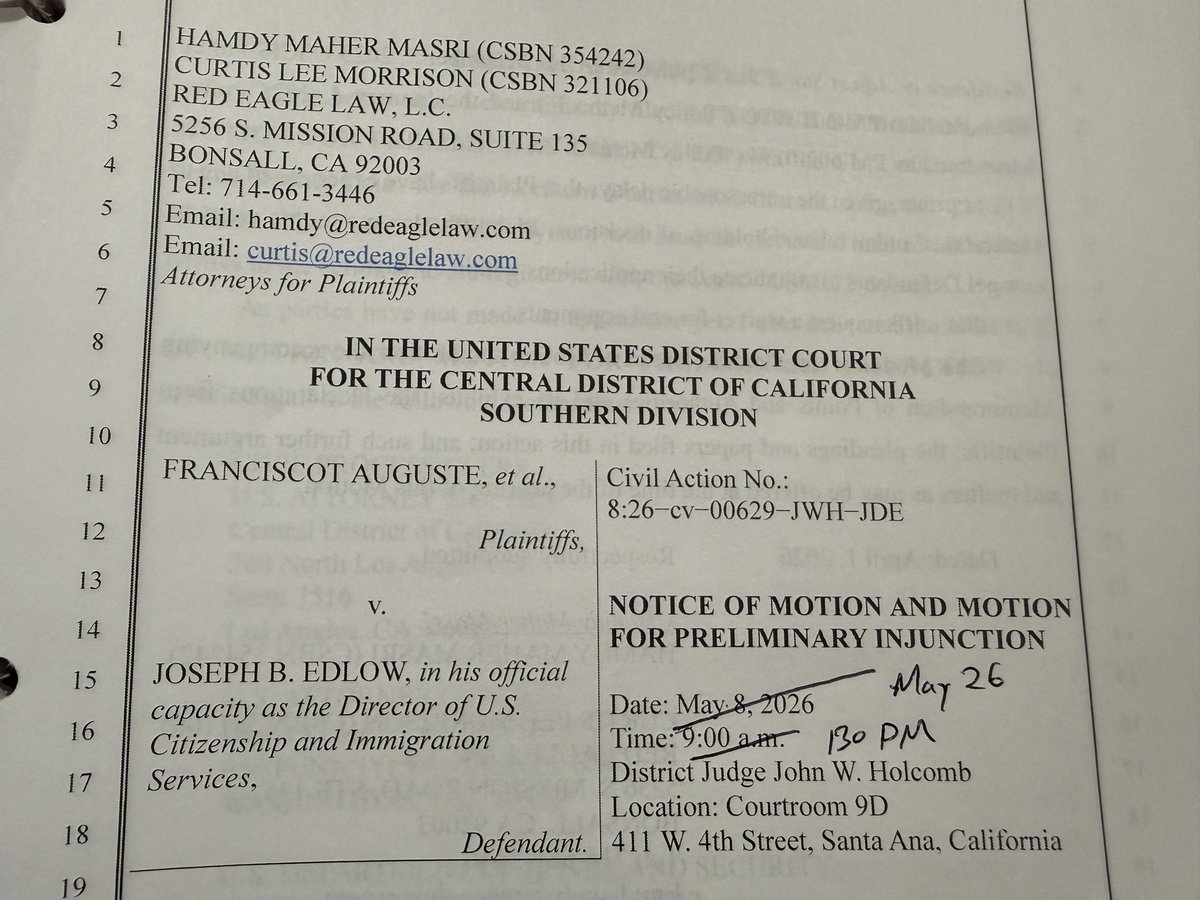 curtismorrison's tweet photo. If you’re in Santa Ana tomorrow and looking for a show, I’ll be arguing why USCIS hold is unlawful tomorrow as applied to 142 green card applicants from 15 different countries! 
https://t.co/oES5Hv2nml https://t.co/EqZURrKzMQ