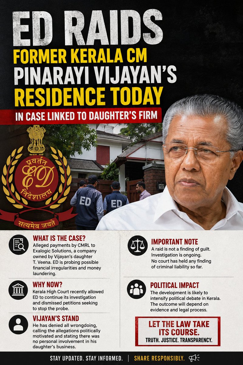 sjrkumar's tweet photo. ED is conducting search operations at the residence of former Kerala Chief Minister Pinarayi Vijayan as part of an ongoing money-laundering investigation connected to alleged financial transactions involving Exalogic Solutions and Cochin Minerals and Rutile Ltd. https://t.co/Lto9yXeZzq