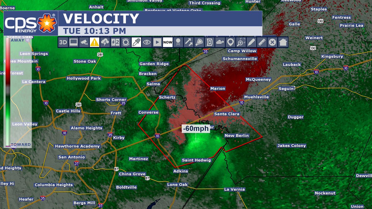 wxprobrian's tweet photo. 10:13PM: If a tornado doesn't form there are strong winds associated with this storm. Doppler estimates of up to 60 mph north of St. Hedwig. Storm continues to move northeast. https://t.co/uPh8VCqD2Q