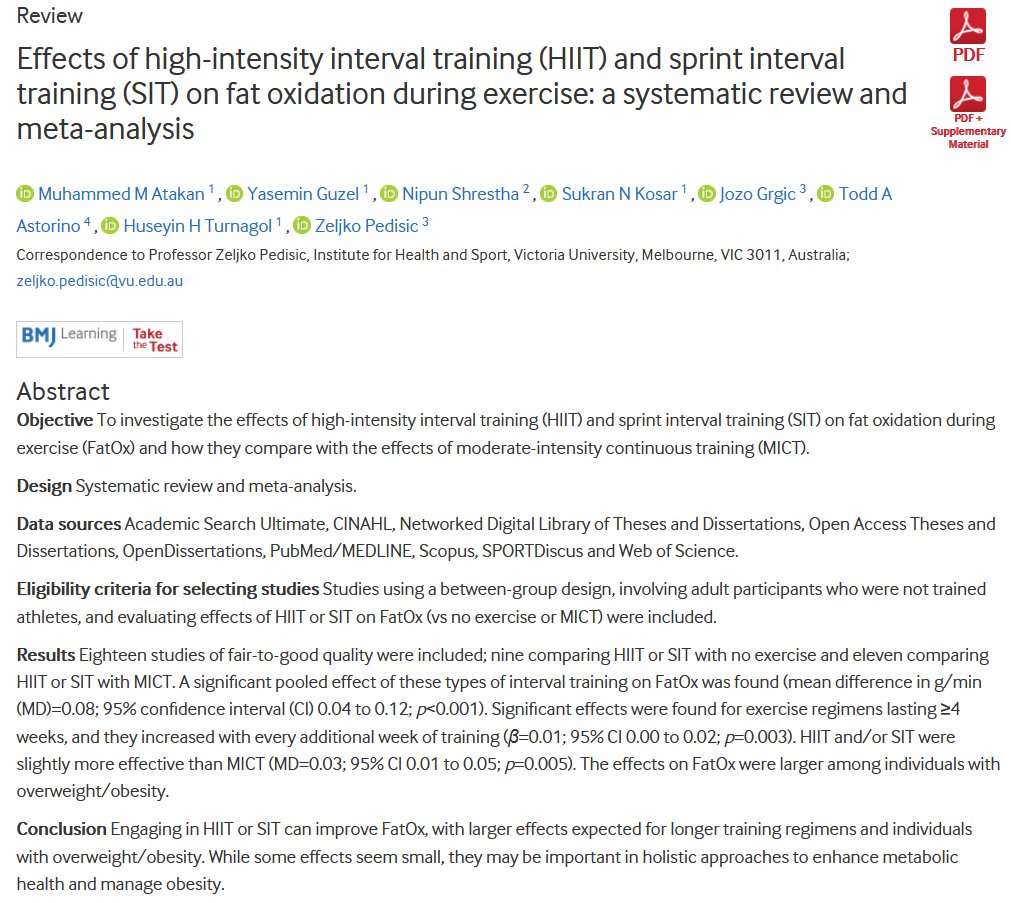 Jozo_Grgic's tweet photo. Effects of high-intensity  interval training (HIIT) and sprint interval training (SIT) on fat  oxidation during exercise: a systematic review and meta-analysis

https://t.co/Hf7wNSQgkW https://t.co/9KHgQ1TTSX