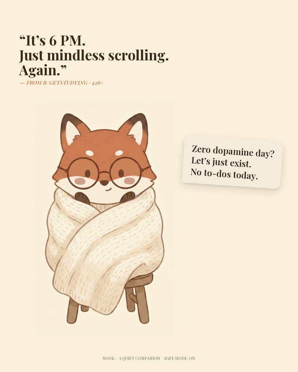 RenderArchiAI's tweet photo. i built NOOK because i once spent 90 minutes staring at my phone, unable to text a friend back.  i didn't need another reminder app. i needed someone to sit with me while i did the thing.  so i made a fox.

NOOK is not a productivity app.  no streaks. no to-dos. no nudges. no tracking.  just a fox who asks what's stuck, stays while you do one tiny thing, and pockets your thoughts when your brain won't.

the worst part of ADHD isn't the missed deadlines.  it's the hour you spent in bed, knowing exactly what you needed to do, unable to move.  NOOK is for that hour.