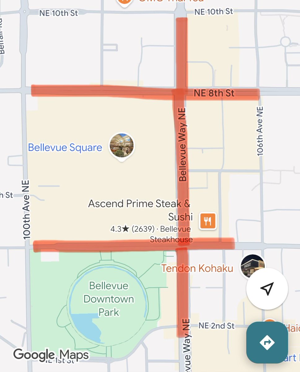sashawsmith's tweet photo. My vision for Bellevue WA: turn these streets into pedestrian malls with single lane traffic at 5 mph. Six lane thoroughfares here is crazy. And turn the rooftop of Bellevue square mall into a living roof public park, the PNW’s high line. Would become a world class downtown. https://t.co/qzimFVtBgD