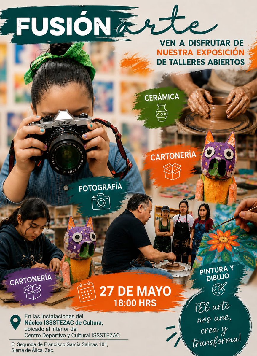 issstezac's tweet photo. Te invitamos a disfrutar de “FusiónArte”, nuestra exposición de talleres abiertos del Núcleo Issstezac de Cultura, donde alumnas, alumnos y maestros compartirán el talento, la creatividad y la pasión que se desarrolla en cada disciplina. https://t.co/g8r48xVZmq
