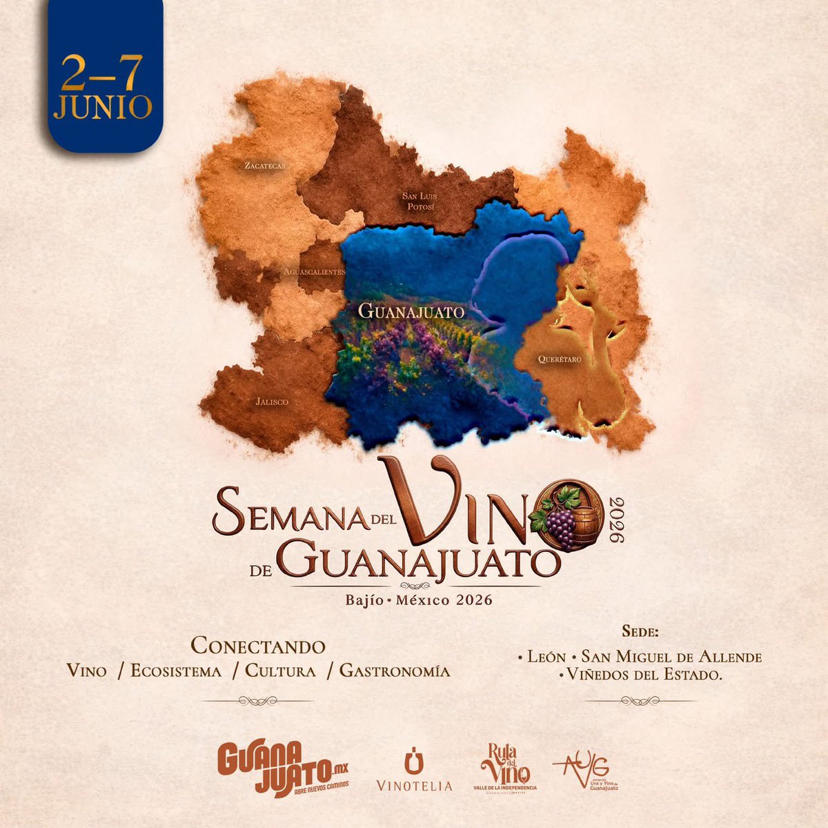 guanajuato's tweet photo. 🍷✨Del 2 al 7 de junio🗓️ Guanajuato se convierte en el epicentro de la cultura vitivinícola🍇🍷𝐋𝐚 𝐒𝐞𝐦𝐚𝐧𝐚 𝐝𝐞𝐥 𝐕𝐢𝐧𝐨 𝟐𝟎𝟐𝟔 será el punto de encuentro donde conectamos nuestra herencia cultural y la mejor gastronomía del Bajío.

🏆En el marco de esta semana se llevará a cabo el Concurso Nacional de Sommeliers 2026, una jornada llena de vino, conocimiento, networking y grandes experiencias alrededor de la cultura vinícola. 🍇

Recorre paisajes inolvidables en nuestras sedes:
📍 La ciudad de León.
📍 San Miguel de Allende.
📍 Los viñedos más espectaculares del Estado de la mano con Uva y Vino de Guanajuato.
😌Ven y descubre por qué en Guanajuato estamos abriendo nuevos caminos a través del sabor de nuestros vinos. 🛣️🍇