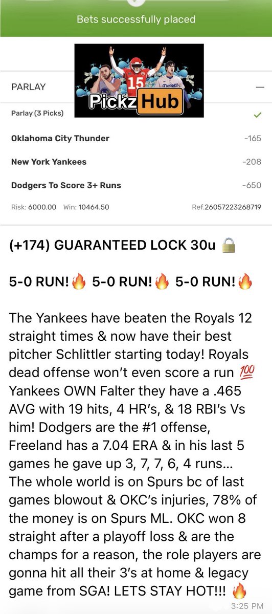 PickzHub's tweet photo. 6-0 RUN!🔥 6-0 RUN! 🔥 6-0 RUN!🔥

(+174) ODDS! 💥💥

(+174) GUARANTEED LOCK 30u 🔒✅
YANKEES ✅
DODGERS 3 RUNS ✅
OKC THUNDER ✅

STOP MISSING OUT ON FREE MONEY! WE WIN BIG &amp; EASILY EVERYDAY! BLOWOUTS EVERYDAY ZERO SWEAT! 💯

Use code GETRICH for 50% OFF! https://t.co/9ONsL0CNfN https://t.co/lbYkLAnLSo