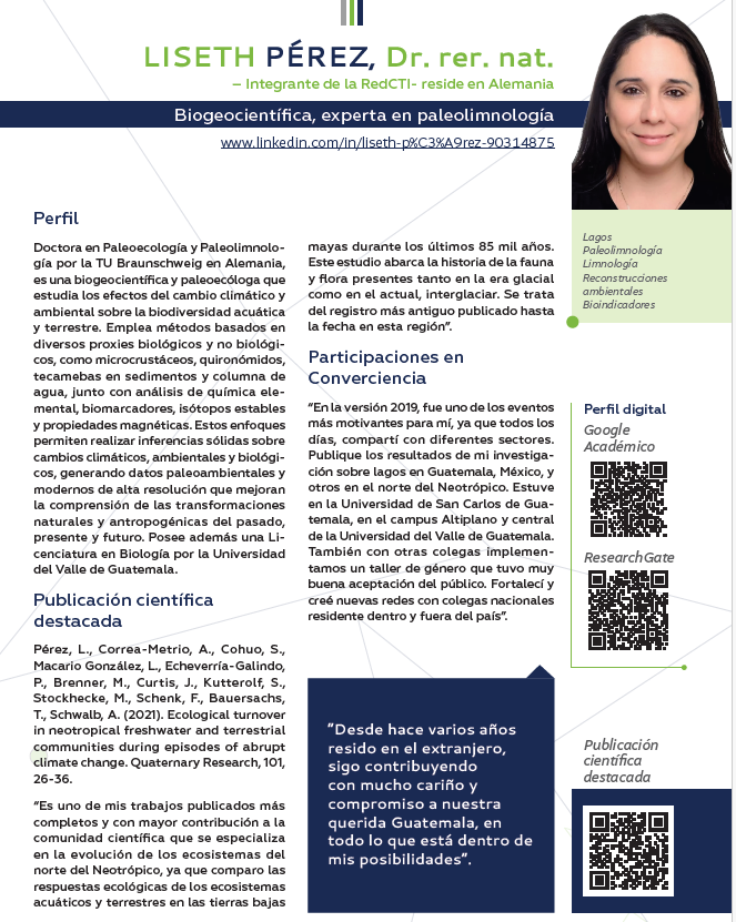 RedCTI_GT's tweet photo. ¡Estamos organizando Converciencia 2026! 🌎🔬

Hoy destacamos a @LisiPerezBiogeo, quien investiga en paleolimnología y reside en Alemania.

Comparte tu historia a través del siguiente enlace: https://t.co/ZOpKNU3LDa

🗓️ Cierre: 29 de mayo
✉️ redctiguatemala@gmail.com https://t.co/uTMLSedfXm