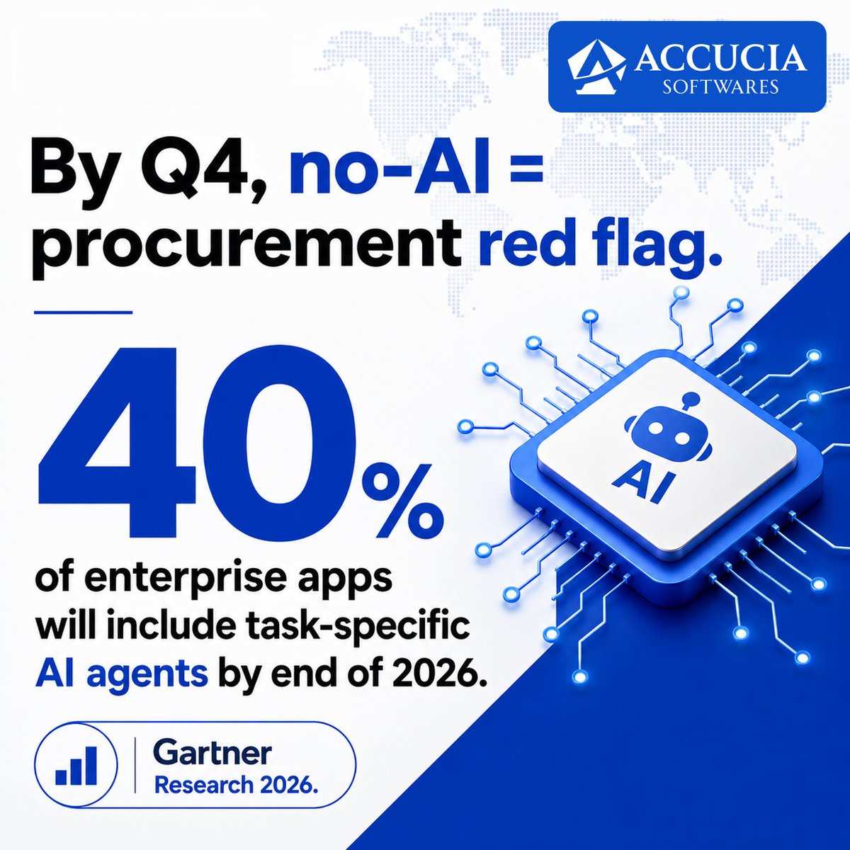 AccuciaSoftware's tweet photo. Gartner says 40% of enterprise apps will include AI agents by end of 2026.

By Q4, “no AI inside our software” becomes a procurement red flag.

The real 2026 question:
Which 2 workflows do we automate first?

#AIAgents #Gartner https://t.co/QKXNqsSgUD