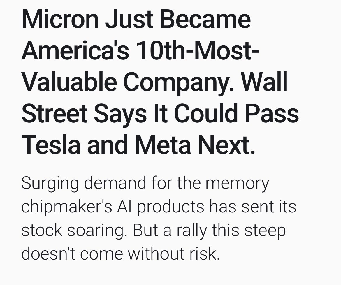 _soniashenoy's tweet photo. Micron has crossed $1 trillion in market value for the first time, becoming the 10th most valuable U.S. company. 

This milestone is indicative of memory chips' central role in AI infrastructure, also reflects a broader shift in the AI trade as investors seek out companies that can benefit from Big Tech's massive spending plans.