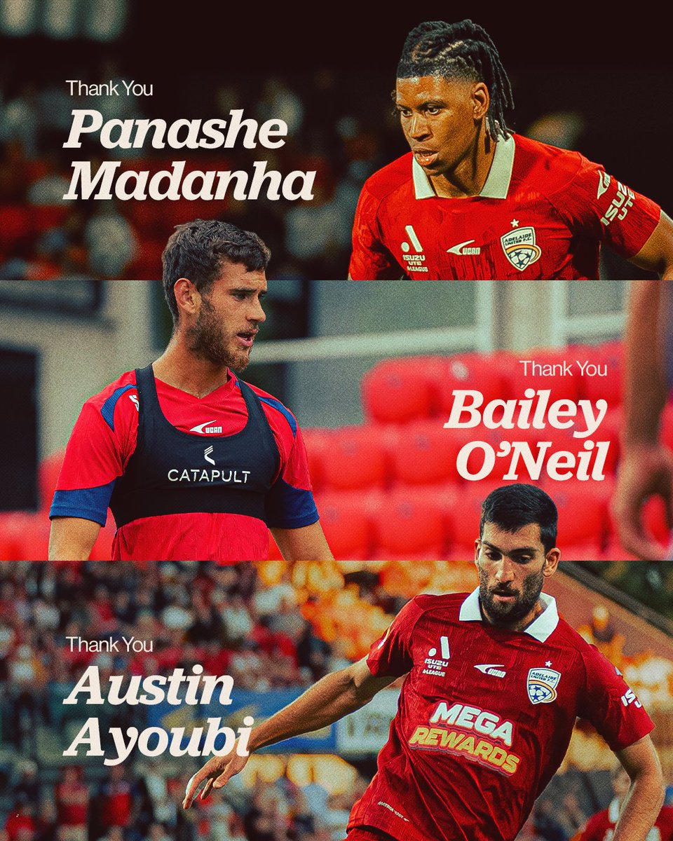 AdelaideUnited's tweet photo. Thank you for all you did in Red ❤️

Adelaide United can confirm Panashe Madanha, Austin Ayoubi and Bailey O’Neil have departed the Club following the conclusion of their contracts.

Details → https://t.co/u0p5XTeP02 https://t.co/GEuD0Wa4t8