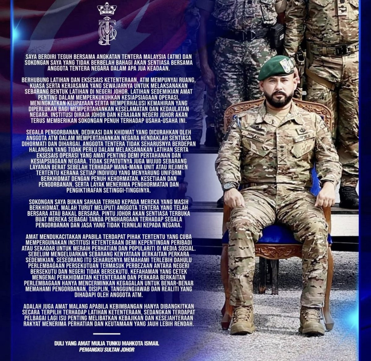JatIkhwan's tweet photo. Tengku Mahkota Johor keluarkan media statement menyokong Angkatan Tentera Malaysia serta segala aktiviti ketenteraan. Ini selepas Tengku Mahkota Pahang meminta semua aktiviti ketenteraan di Pahang mendapat izin Sultan. 

Again, battle of two princes and bakal raja. https://t.co/LyA9bkJNbC