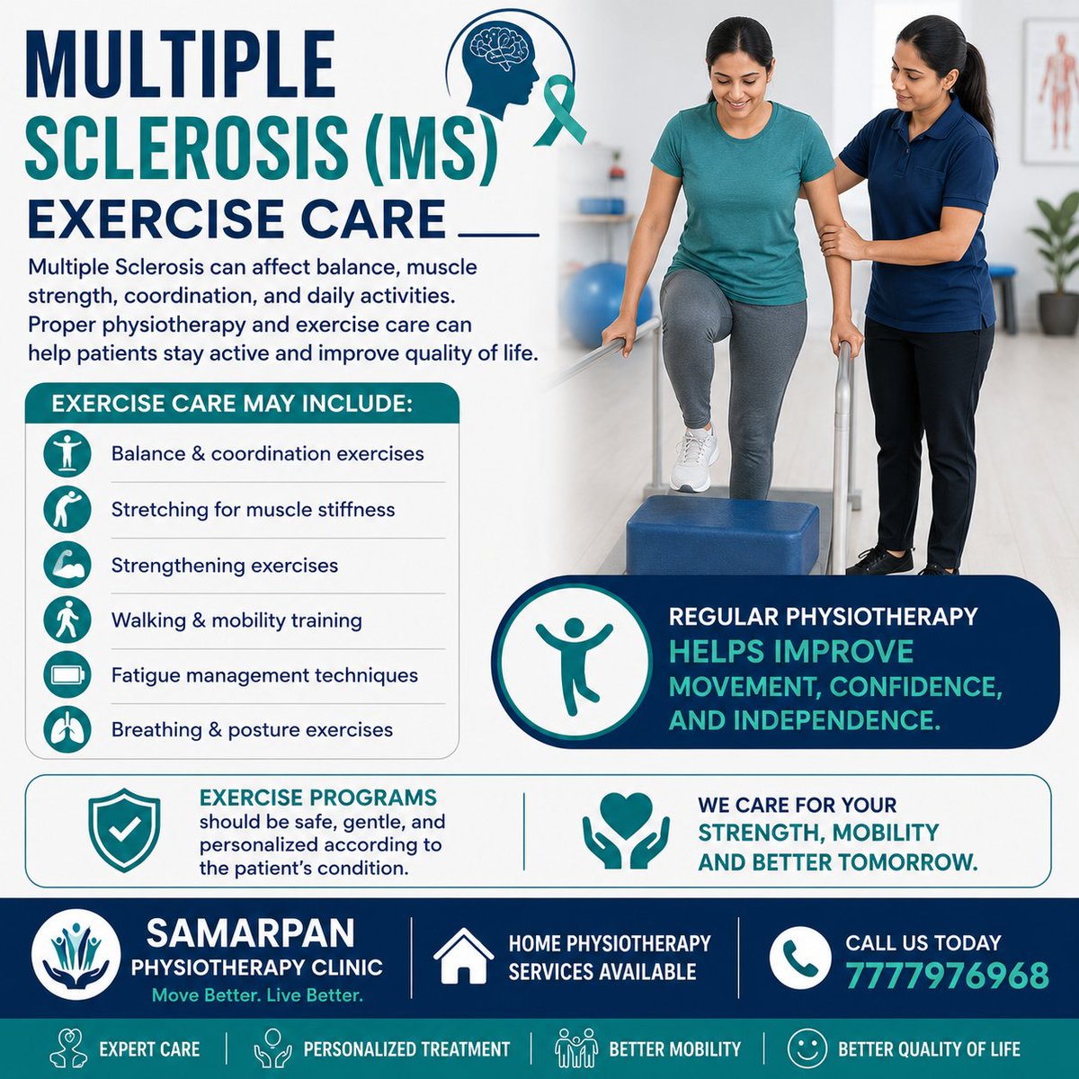 physiotherapy_s's tweet photo. 🧠 Exercise care plays an important role in Multiple Sclerosis (MS) management.

✔️ Balance training
✔️ Strengthening exercises
✔️ Stretching for stiffness
✔️ Walking &amp; mobility practice
✔️ Fatigue management

#MultipleSclerosis #MSAwareness #NeuroRehab #MobilityTraining https://t.co/MgJQ2w9eQm