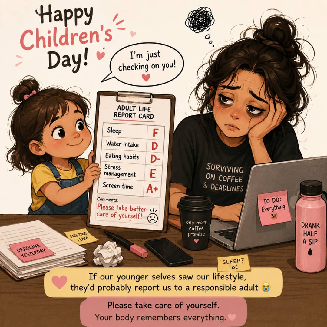 EssyConnects's tweet photo. Happy Children’s Day to all of us still healing our inner child with:
• “I’ll sleep later”
• one bottle of water a day
• random eating schedules
• and “I’m fine” 😭

Please drink water.
Rest small.
Eat something that isn’t just vibes.

Your body is literally trying its best.

Happy Children’s Day 🤍