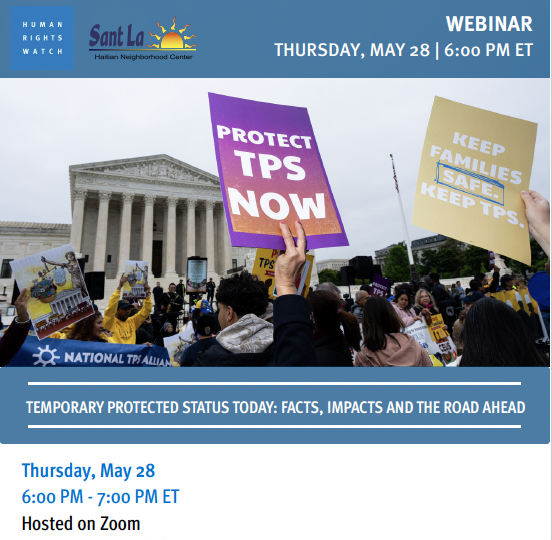 hrw's tweet photo. 1/3 Human Rights Watch and @SantLaHaitian are co-hosting a webinar on May 28 about Temporary Protected Status (TPS) for Haitian and Venezuelan communities in South Florida.

🔗Register now: https://t.co/g7zxcAd0GH https://t.co/g3ZIYV0JXT