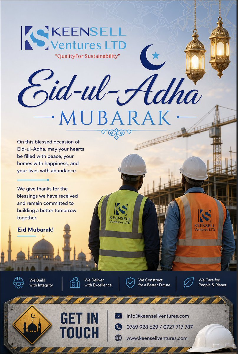 Keensell's tweet photo. As we celebrate Eid-ul-Adha, we extend our warmest wishes to our Muslim clients, partners and community. 🌙✨
#EidUlAdha #EidMubarak #KeensellVentures #QualityForSustainability #Community #Togetherness #ConstructionIndustry #SustainableGrowth #Blessings #KenyaBusiness https://t.co/EvNHnQX0cS