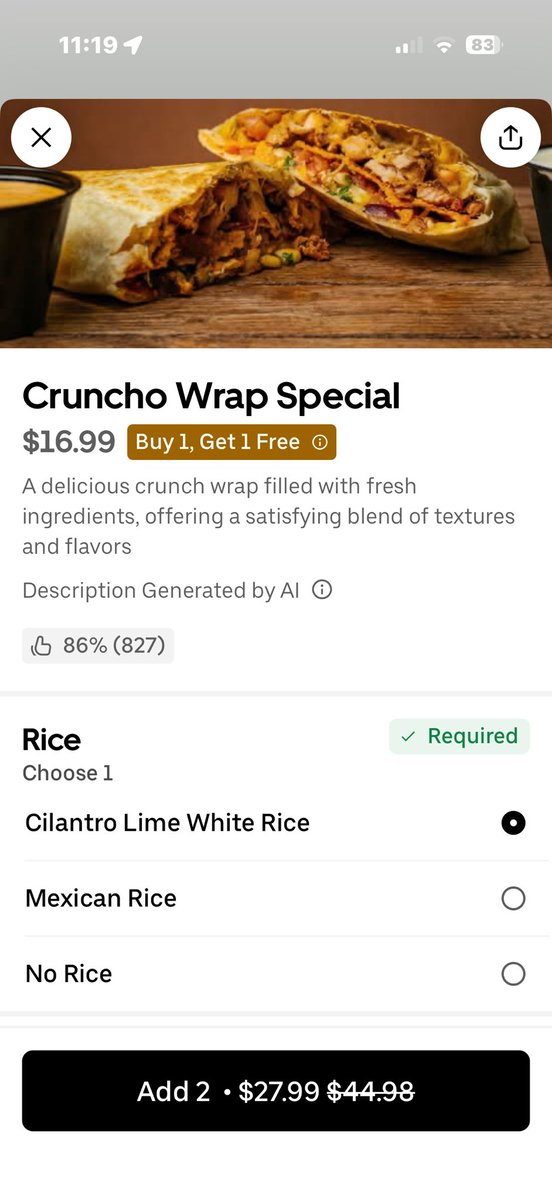 BrooklynBrando's tweet photo. So the protein is required, but charged separately? And twice? That’s not buy one get one free @Uber_Support 

I’m pretty sure I can file a complaint with the better business bureau for false advertisement. https://t.co/FHDUcwzWPR