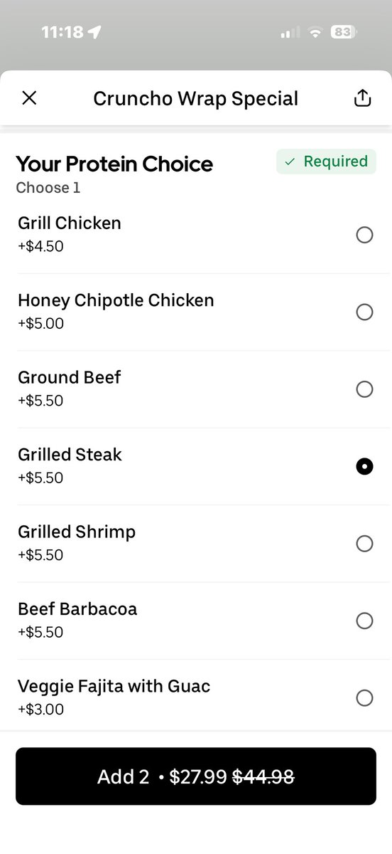 BrooklynBrando's tweet photo. So the protein is required, but charged separately? And twice? That’s not buy one get one free @Uber_Support 

I’m pretty sure I can file a complaint with the better business bureau for false advertisement. https://t.co/FHDUcwzWPR