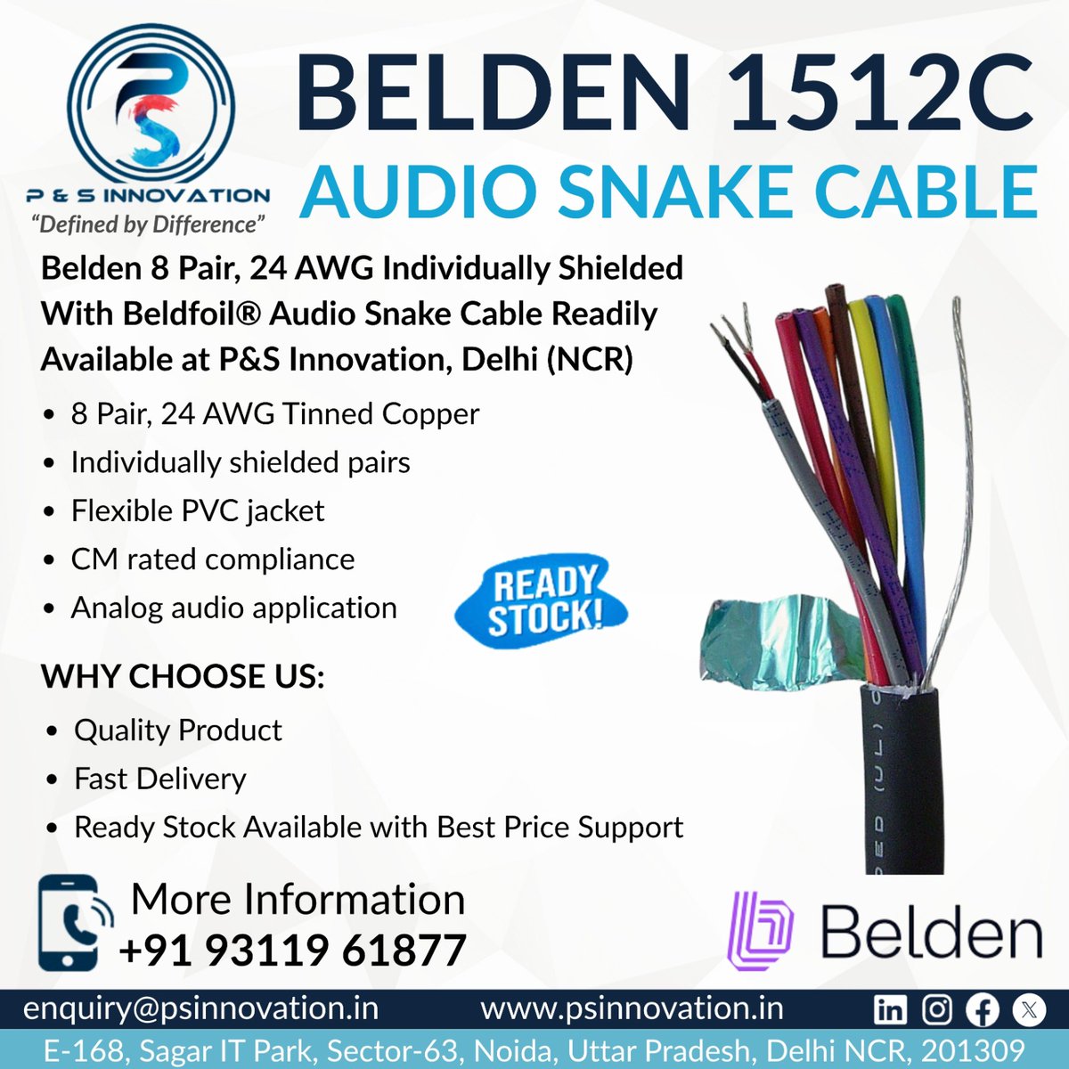 PSInnovation1's tweet photo. Hum or crosstalk in your audio runs?
@BeldenInc 1512C delivers clean, noise-free audio with 8 individually shielded pairs.
Perfect for studios, stage boxes & OB vans.
Available now at P&S Innovation, Noida.
📞 +91 93119 61877
#Belden #AudioEngineering #SnakeCable #Broadcast https://t.co/0ZRkwf2zg9