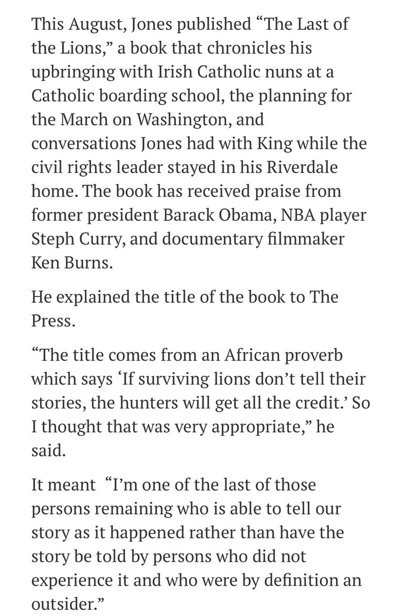 EricSRHarvey's tweet photo. In August 2023, Clarence Jones published a memoir chronicling his upbringing with Irish Catholic nuns, planning for the march of Washington, and conversations he had with MLK while the civil rights leader stayed in his Riverdale home. It’s titled Last of the Lions. https://t.co/qHFq7VJV0Q