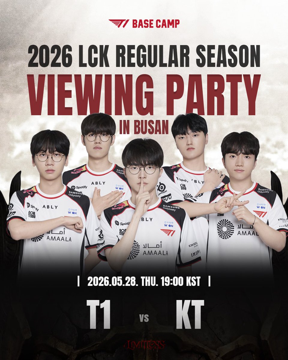 t1basecamp's tweet photo. T1 PUB Viewing Party🔥
[2026 LCK REGULAR SEASON] T1 vs KT
05.28(Thu) 19:00 KST

✅ 입장 인원은 총 44명이며 선착순 입장입니다.
✅ 웨이팅 기기 등록은 경기 당일 오후 1시부터 가능합니다.
✅ 현장 대기는 경기 당일 오후 12시부터 가능하며, 오후 12시 이전 대기 시 해산 조치되며 대기 등록이 인정되지 않습니다.
✅ 소지품을 이용한 대기 줄 서기는 불가합니다.
✅ 입장은 경기 당일 오후 4시부터 시작됩니다.

✅ The maximum number of attendees is limited to 44, and entry will be granted on a first-come, first-served basis.
✅ Registration on the waiting system will be available starting at 1PM on the day of the match.
✅ On-site waiting will be available from 12PM on the day of the match. Those who line up before 12PM will be asked to disperse, and their waiting will not be recognized.
✅ Saving places with personal belongings is not permitted.
✅ Entry will begin at 4PM on the day of the match.

#T1BASECAMPBUSAN #T1BASECAMP #TBC #ToBeContinued #T1