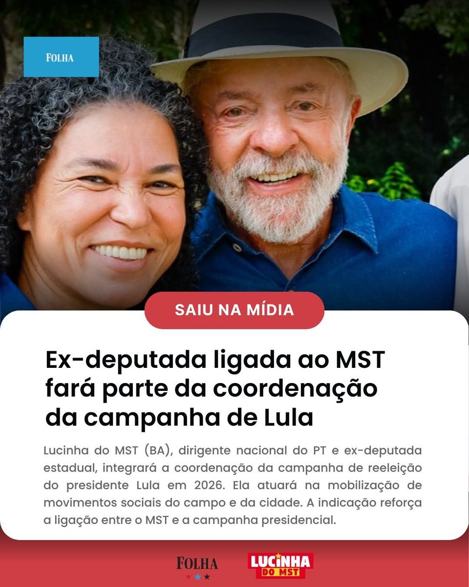 lucinhadomst's tweet photo. SAIU NA MÍDIA ✨

Com responsabilidade e compromisso com o povo brasileiro, passo a integrar a coordenação da campanha de reeleição do presidente Luiz Inácio Lula da Silva, fortalecendo a mobilização dos movimentos sociais do campo e da cidade. https://t.co/eotRATqZfb