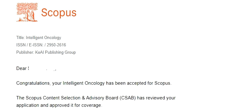 IntelligentOnco's tweet photo. 👏 👏 👏 The journal Intelligent Oncology has now been officially indexed in Scopus. 
🌻 Thank you to all the friends who have paid attention to and supported the journal.

Official Website: https://t.co/Eoz8uxtEm1
Submission Link: https://t.co/lLZ5hu2WHd https://t.co/sDlvRMO87i