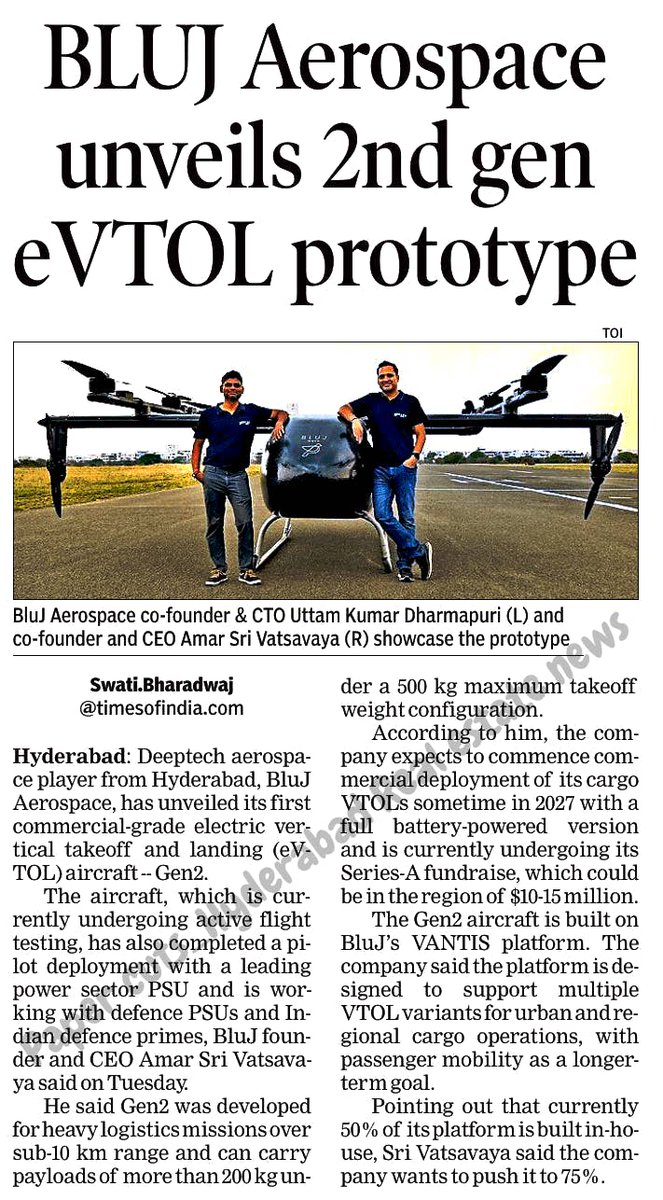 abhinavaduri9's tweet photo. #Hyderabad based #BluJ Aerospace unveils Gen2 commercial eVTOL cargo aircraft in #Hyderabad.

The VTOL, under flight testing, carries 200+ kg within 10 km at 500 kg MTOW. Pilot deployment with a power PSU completed; defence PSU partnerships underway. https://t.co/qOoBoXlLn2