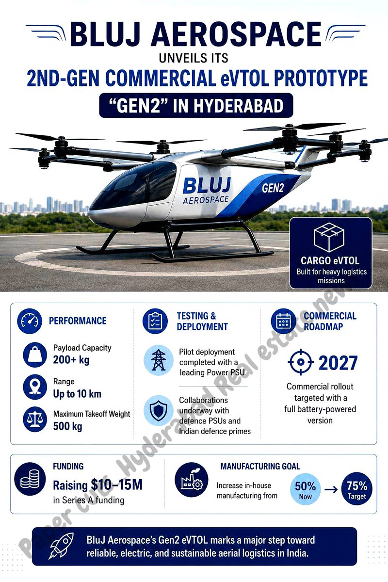abhinavaduri9's tweet photo. #Hyderabad based #BluJ Aerospace unveils Gen2 commercial eVTOL cargo aircraft in #Hyderabad.

The VTOL, under flight testing, carries 200+ kg within 10 km at 500 kg MTOW. Pilot deployment with a power PSU completed; defence PSU partnerships underway. https://t.co/qOoBoXlLn2