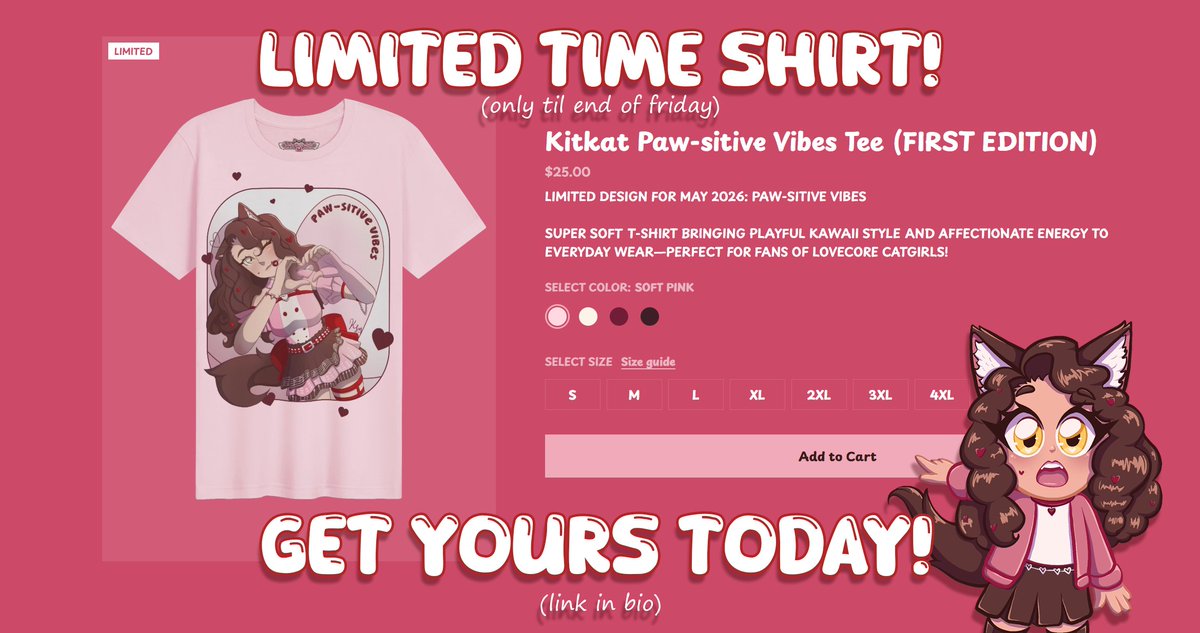 KitkatSingsMeow's tweet photo. PAW-SITIVE VIBES! MAY'S LIMITED TIME SHIRT IS OFFICIALLY OUT AND ON SALE UNTIL END OF DAY FRIDAY! 🎉

Feel free to grab yourself one, and swing by next Tuesday to be a part of next month's design, and have your name in the back too! 🩷 https://t.co/NRV8hdsi56