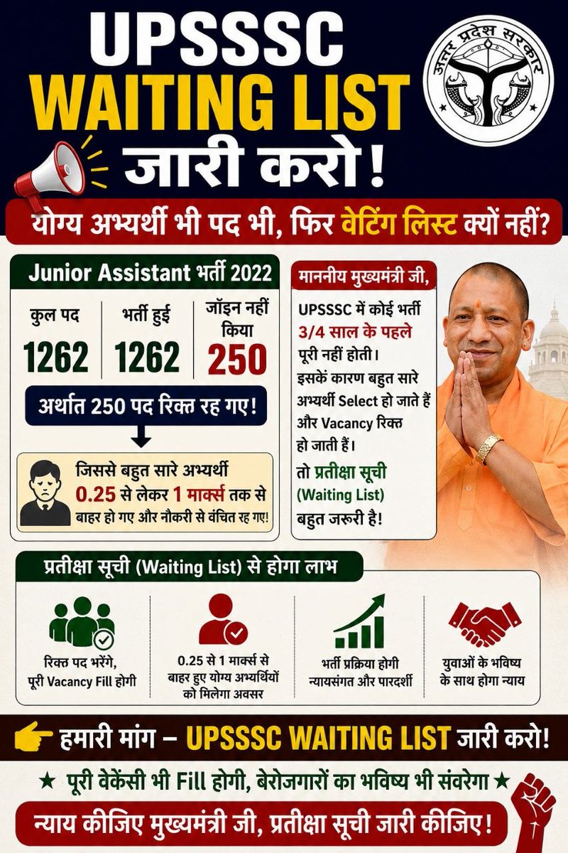 UP_JE_aspirant's tweet photo. माननीय @myogiadityanath @UPGov @CMOfficeUP 
अभ्यर्थियों की वर्षों की तैयारी और प्रतीक्षा को ध्यान में रखते हुए लंबित प्रक्रिया पर निर्णय लिया जाए।
यदि पद उपलब्ध हैं तो UPSSSC Waiting List जारी की जाए।
@UPTakOfficial
@TheNewspinch
@ChiefSecyUP
#UPSSSC_WAITING_LIST_जारी_करो https://t.co/F7aJIu8weY