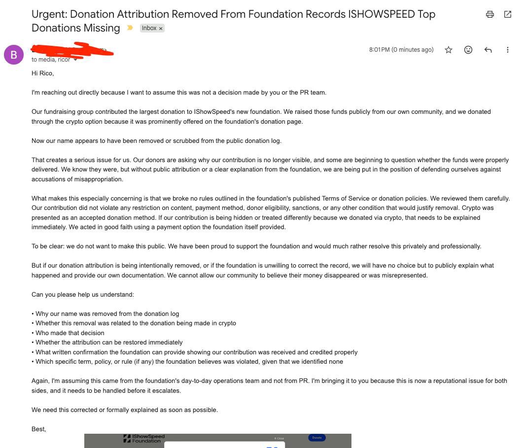 mickeymantled's tweet photo. Alright guys I’ve worked in PR before so I did what had to be done

Went over foundations head and emailed speeds publicist about the situation 

The picture I painted is a factual one that is objectively not a good look day 1 

We broke no terms of service (went through them) 

And our funds are not clearly shown on page as number 1 donor 

They are gonna panic and acknowledge us to avoid any bad press 

The pr team wouldn’t be consulted on this so this will be news to them