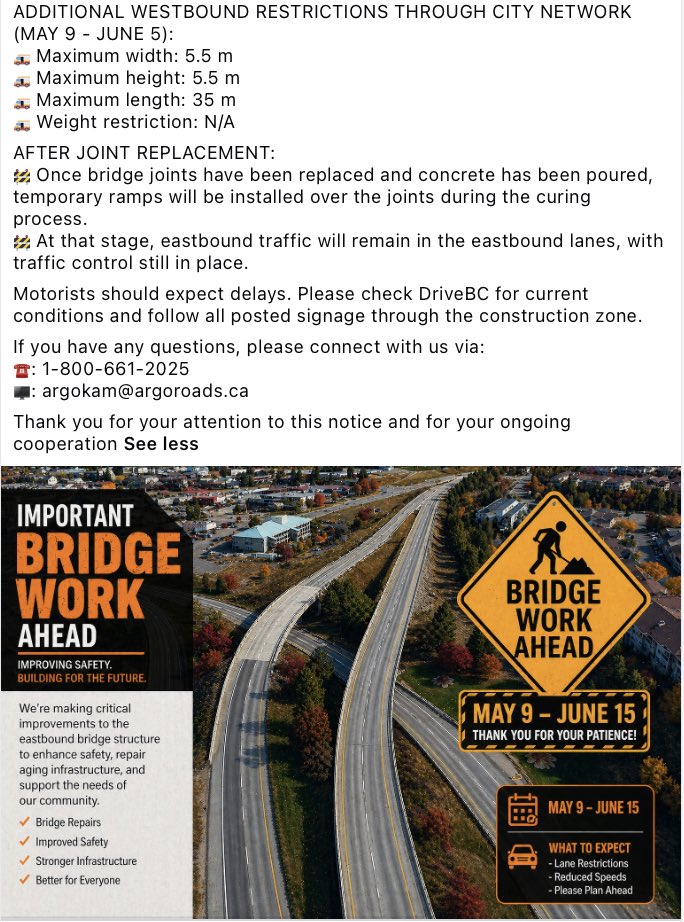 Argo_Thompson's tweet photo. ⚠️ REMINDER: BRIDGE WORK ONGOING ⚠️
Argo Road Maintenance is completing bridge joint replacement work on #BCHwy1 at Sagebrush Bridge, located between Columbia St Exit (Exit 369 Eastbound) + Summit Dr Exit (Exit 370 Westbound), from May 9 to June 15, 2026. #Kamloops https://t.co/px6UznF4bW