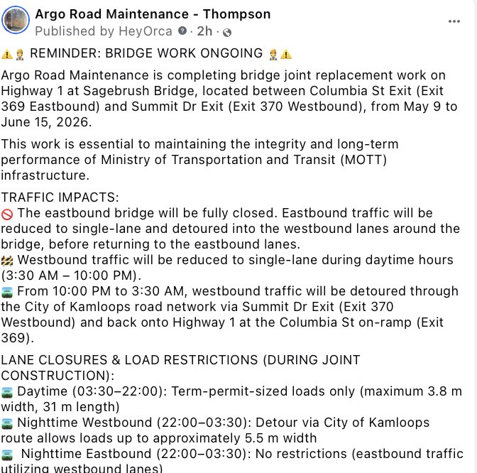 Argo_Thompson's tweet photo. ⚠️ REMINDER: BRIDGE WORK ONGOING ⚠️
Argo Road Maintenance is completing bridge joint replacement work on #BCHwy1 at Sagebrush Bridge, located between Columbia St Exit (Exit 369 Eastbound) + Summit Dr Exit (Exit 370 Westbound), from May 9 to June 15, 2026. #Kamloops https://t.co/px6UznF4bW