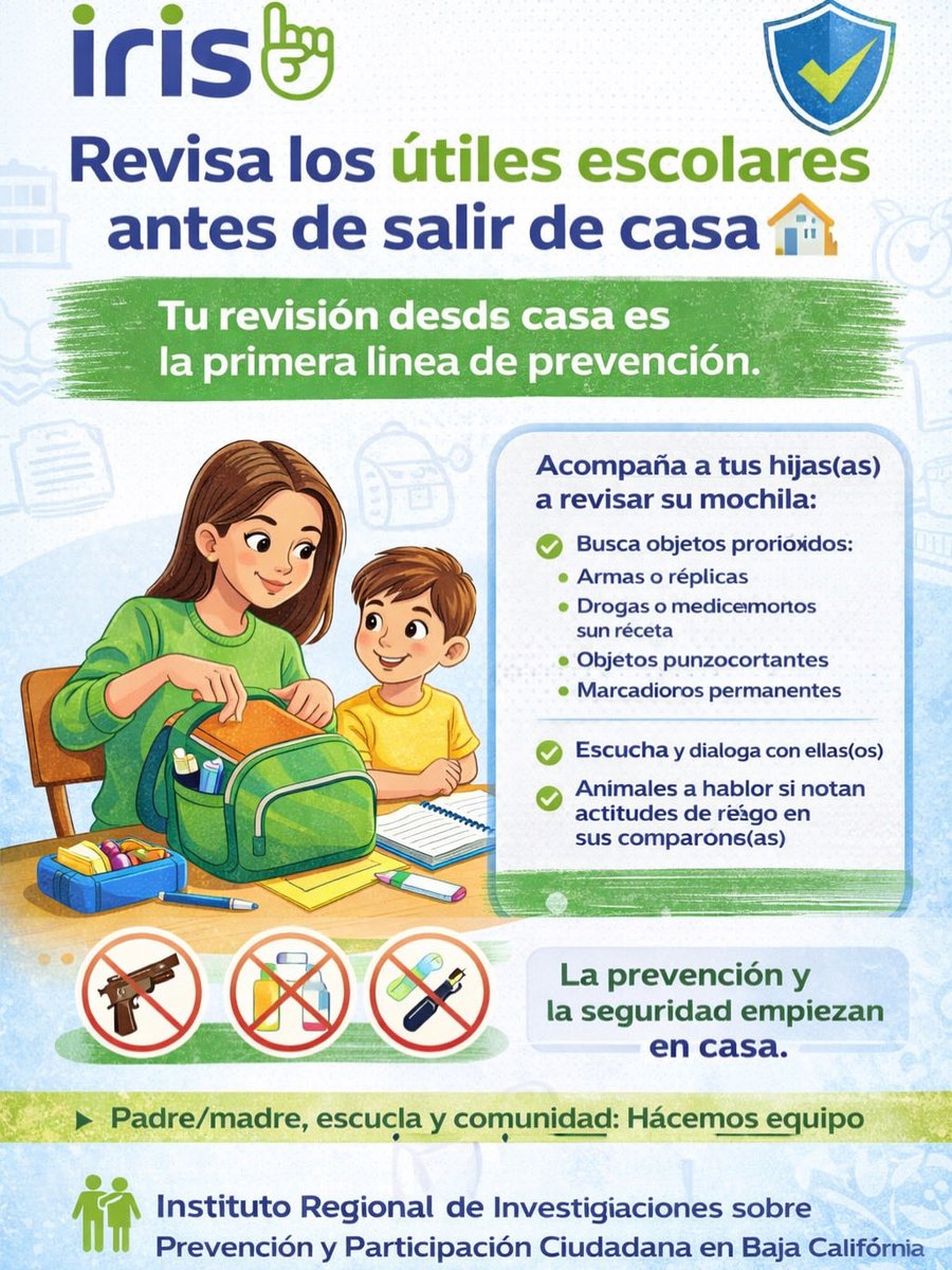 iris_prevencion's tweet photo. Revisar los útiles escolares antes de salir de casa es tarea de todas y todos.
#PrevenciónSocialViolencias #NoMasAcosoEscolar #PrevenciónViolenciaDigital #Comparte #Multiplica https://t.co/F1A8vaAITR