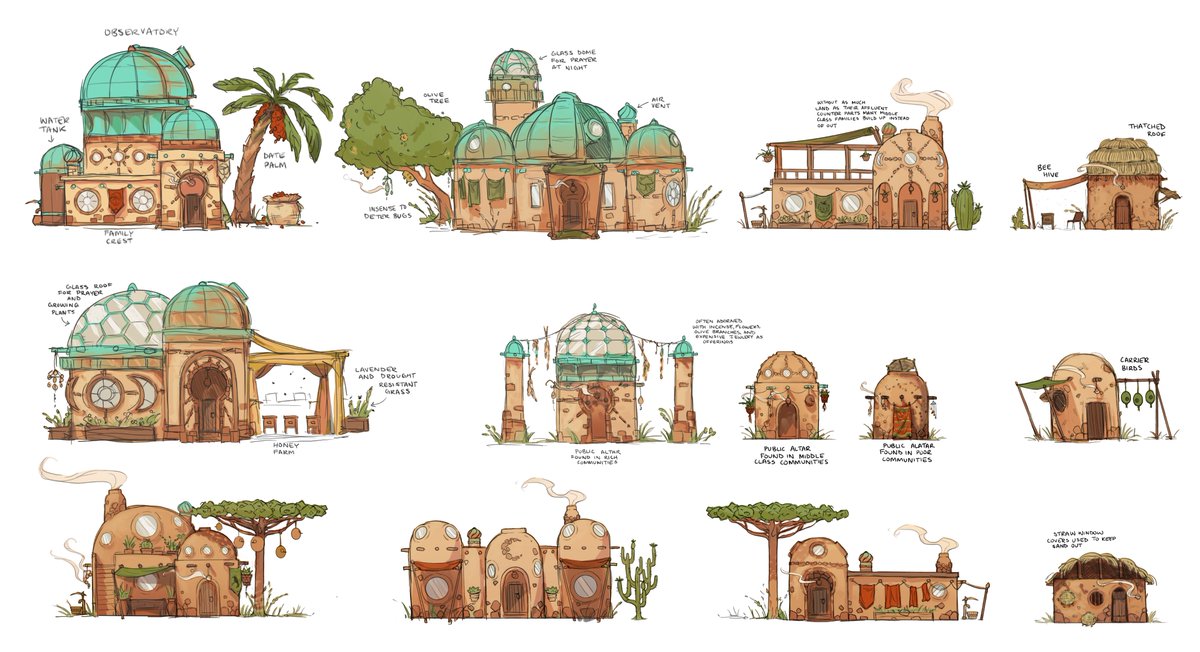 RenRooked's tweet photo. a glimpse at a little world building project 

houses and altars from the desert country, Sagaria, named after the Sagar constellation

one of many nations in this world that believes the stars bless their children with abilities and depict their fate

#digitalart #worldbuilding https://t.co/YKIEXSS7Qj