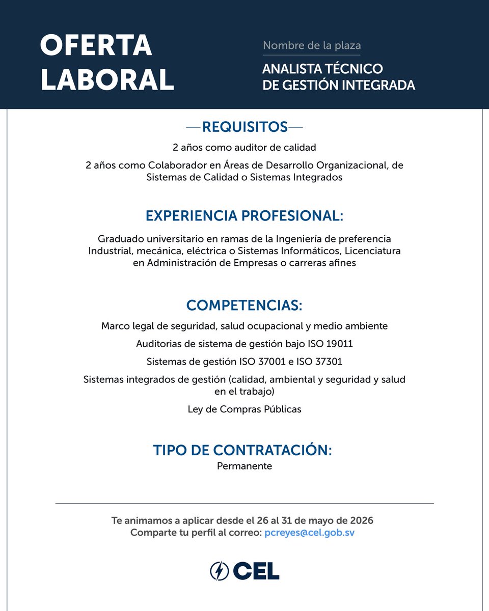 CEL_ElSalvador's tweet photo. ¡Oportunidades laborales disponibles! 🔍

Buscamos talento humano para unirse a nuestro equipo. Si cumples con los requisitos, aplica enviando tu hoja de vida del 26 al 31 de mayo de 2026. 📆 https://t.co/HgoCjyvt6C