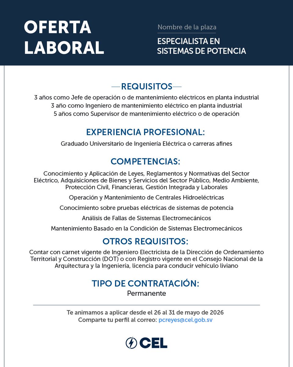 CEL_ElSalvador's tweet photo. ¡Oportunidades laborales disponibles! 🔍

Buscamos talento humano para unirse a nuestro equipo. Si cumples con los requisitos, aplica enviando tu hoja de vida del 26 al 31 de mayo de 2026. 📆 https://t.co/HgoCjyvt6C